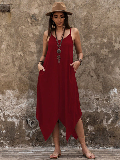 Breezaya Women Leisure Solid Color Asymmetric Hem Slip Dress