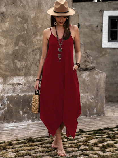 Breezaya Women Leisure Solid Color Asymmetric Hem Slip Dress
