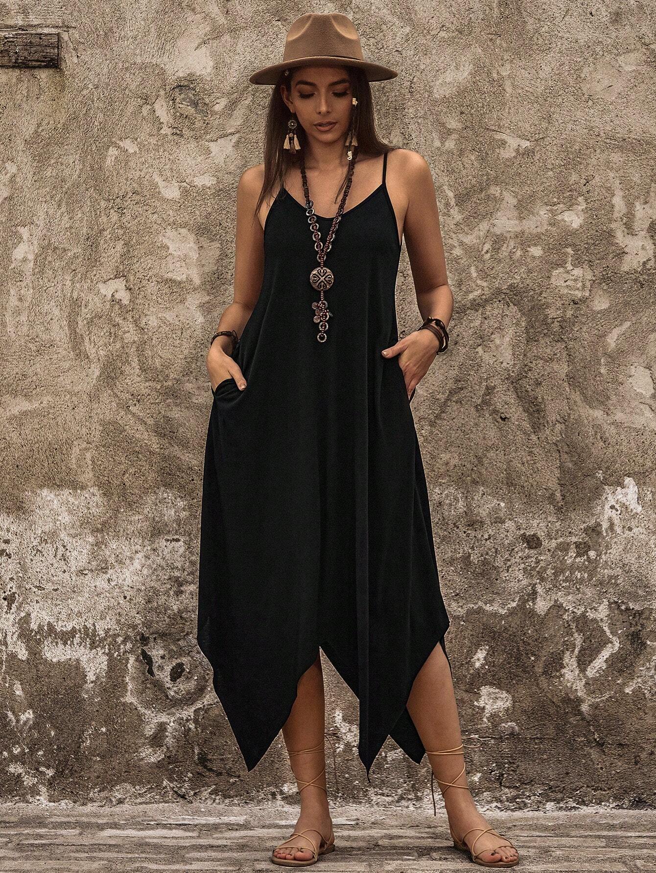 Breezaya Women Leisure Solid Color Asymmetric Hem Slip Dress