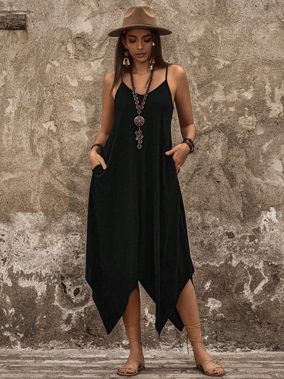 Breezaya Women Leisure Solid Color Asymmetric Hem Slip Dress