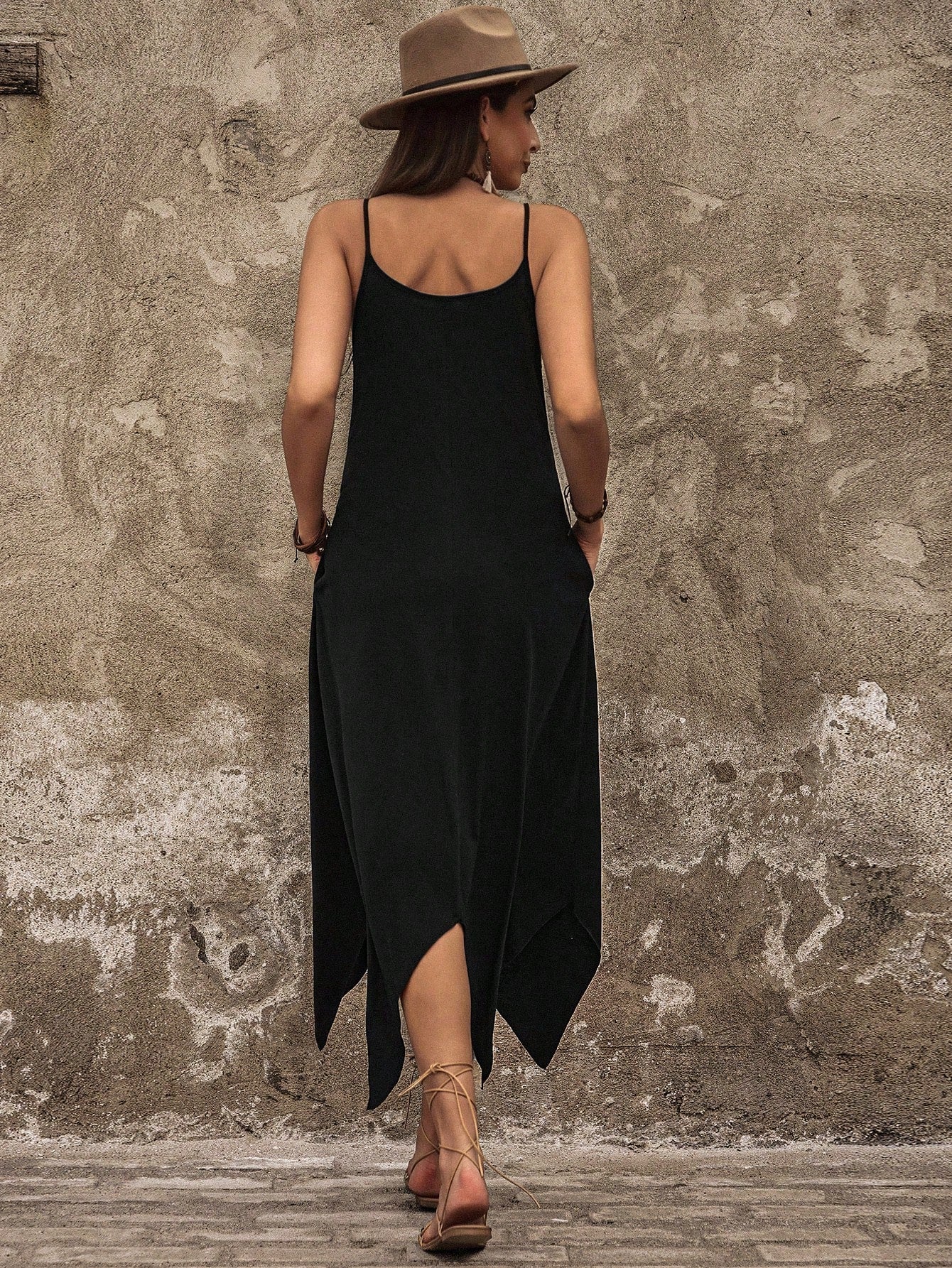 Breezaya Women Leisure Solid Color Asymmetric Hem Slip Dress