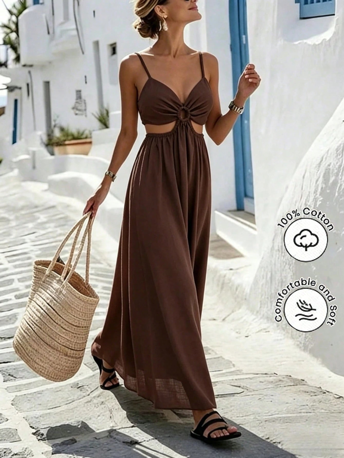 Breezaya Women's Solid Color Backless Tie Strap Dress, Vacation