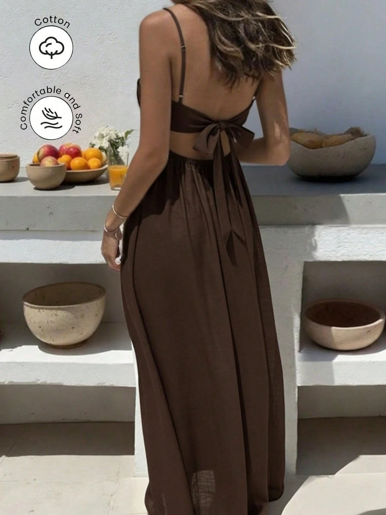 Breezaya Women's Solid Color Backless Tie Strap Dress, Vacation