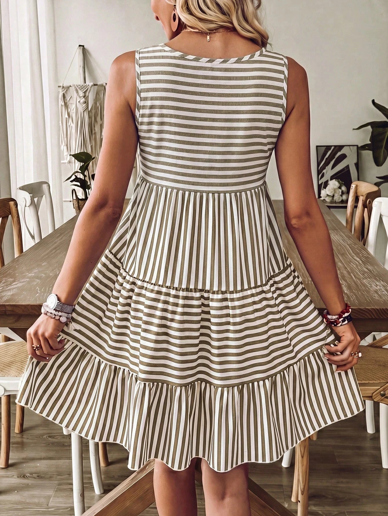 Breezaya Women's Summer Olive Striped Print Sleeveless Loose Ruffle Dress,Cotton-Blend Boho Holiday Vacation Casual Beach Sunbath Outfits For Party,Festival