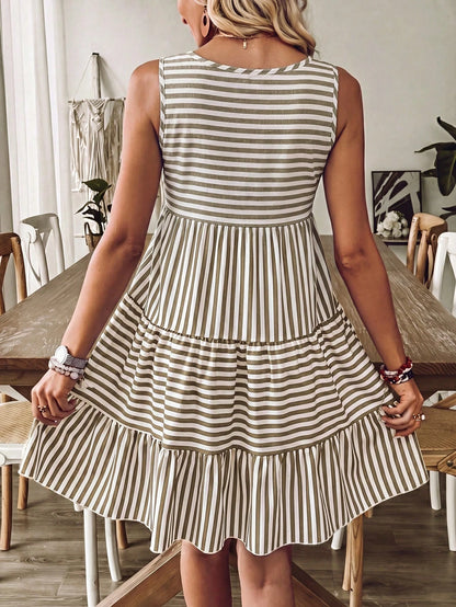 Breezaya Women's Summer Olive Striped Print Sleeveless Loose Ruffle Dress,Cotton-Blend Boho Holiday Vacation Casual Beach Sunbath Outfits For Party,Festival