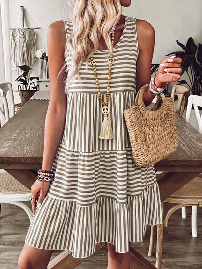 Breezaya Women's Summer Olive Striped Print Sleeveless Loose Ruffle Dress,Cotton-Blend Boho Holiday Vacation Casual Beach Sunbath Outfits For Party,Festival