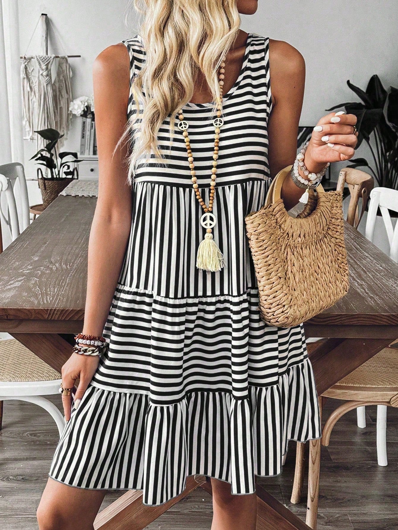 Breezaya Women's Summer Olive Striped Print Sleeveless Loose Ruffle Dress,Cotton-Blend Boho Holiday Vacation Casual Beach Sunbath Outfits For Party,Festival