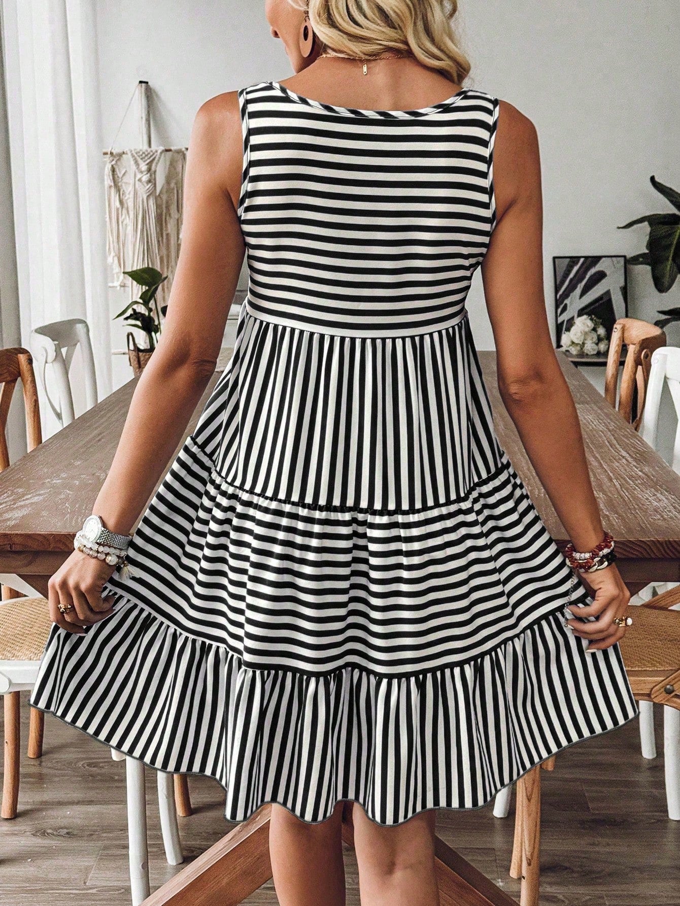 Breezaya Women's Summer Olive Striped Print Sleeveless Loose Ruffle Dress,Cotton-Blend Boho Holiday Vacation Casual Beach Sunbath Outfits For Party,Festival
