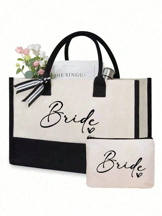 Bride Handbag And Cosmetic Bag Set, Bride Printed Zipper Cosmetic Bag, Personalized Bride Gift, Suitable For Wedding, Bridal Shower, Bachelorette Party, Engagement, Honeymoon, Gift For Best Friend, Br