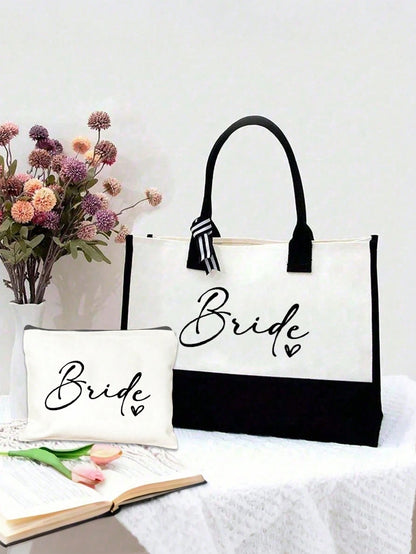 Bride Handbag And Cosmetic Bag Set, Bride Printed Zipper Cosmetic Bag, Personalized Bride Gift, Suitable For Wedding, Bridal Shower, Bachelorette Party, Engagement, Honeymoon, Gift For Best Friend, Br