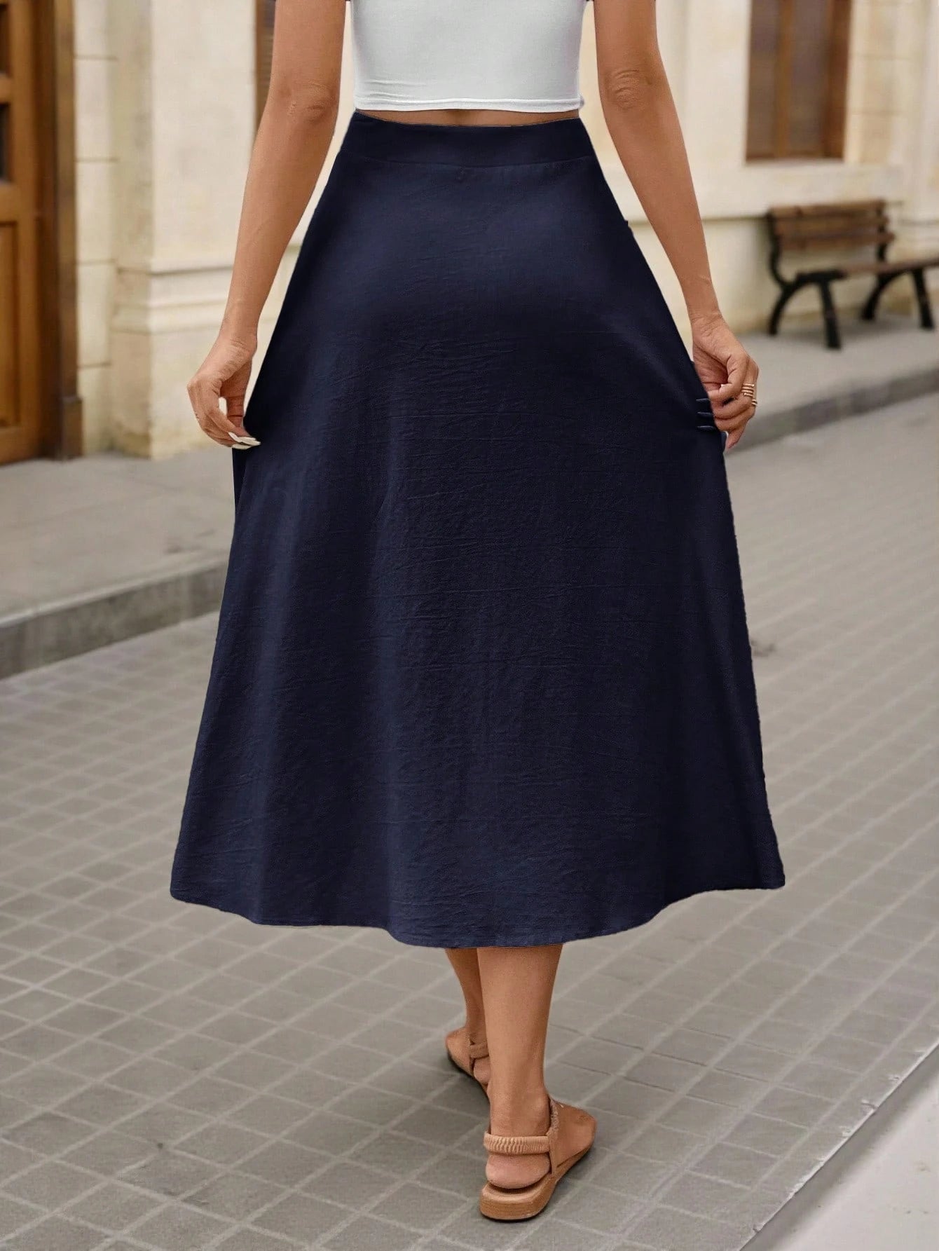 Brillora Casual Navy Blue Fabric A Line Long Skirt For Women