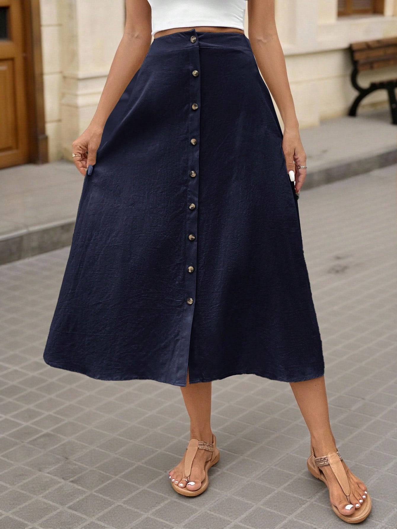 Brillora Casual Navy Blue Fabric A Line Long Skirt For Women