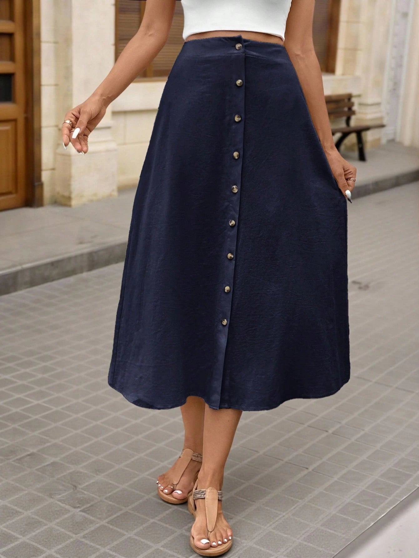Brillora Casual Navy Blue Fabric A Line Long Skirt For Women