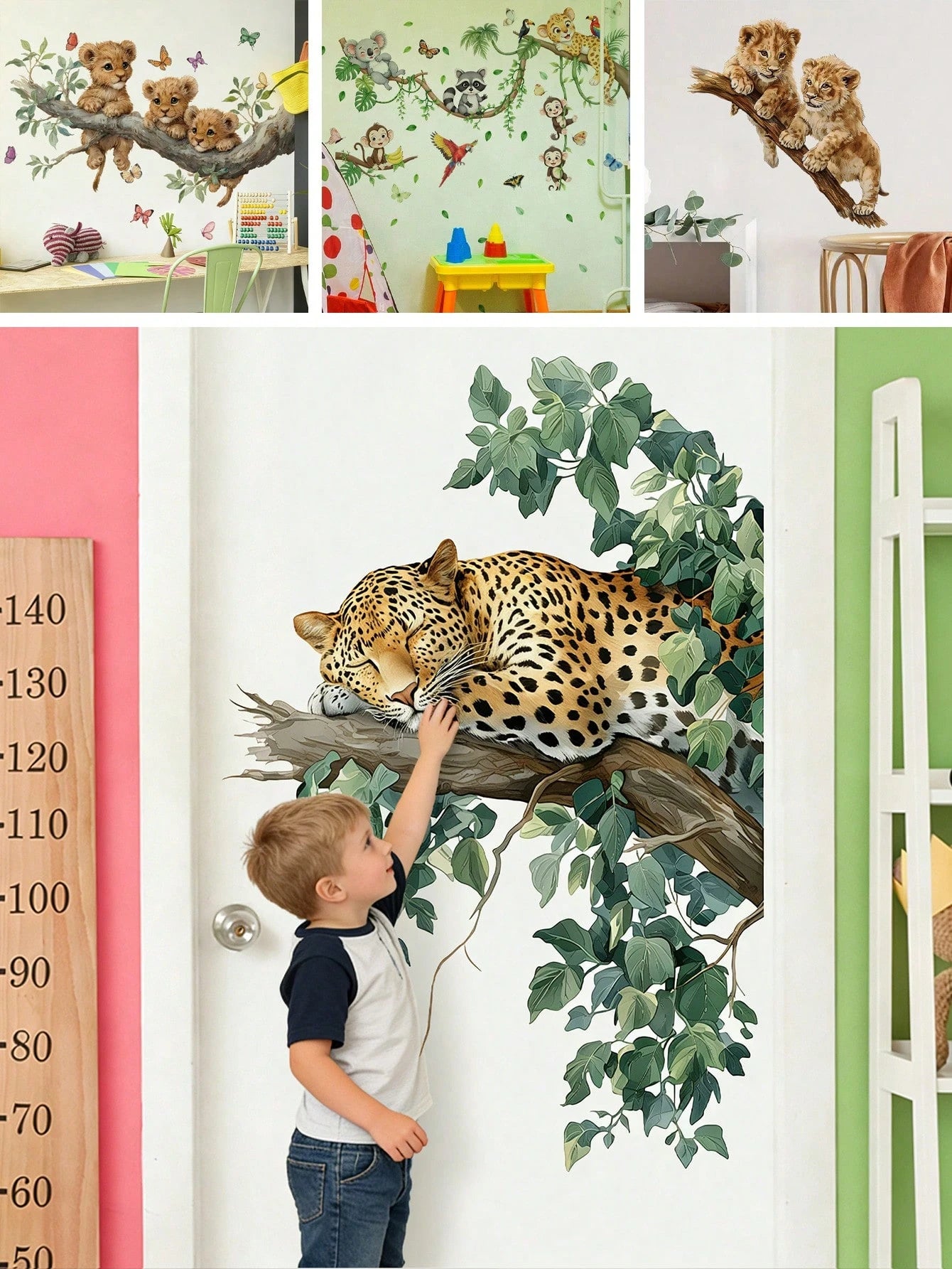 BRUP 1/2 Sheets Sleeping Leopard On Branch Wall Sticker, Jungle Leopard With Black Spots And Green Leaves, Nursery Decal For Baby's Room Above Play Table Or Crib, Removable Peel And Stick, Safari Adve
