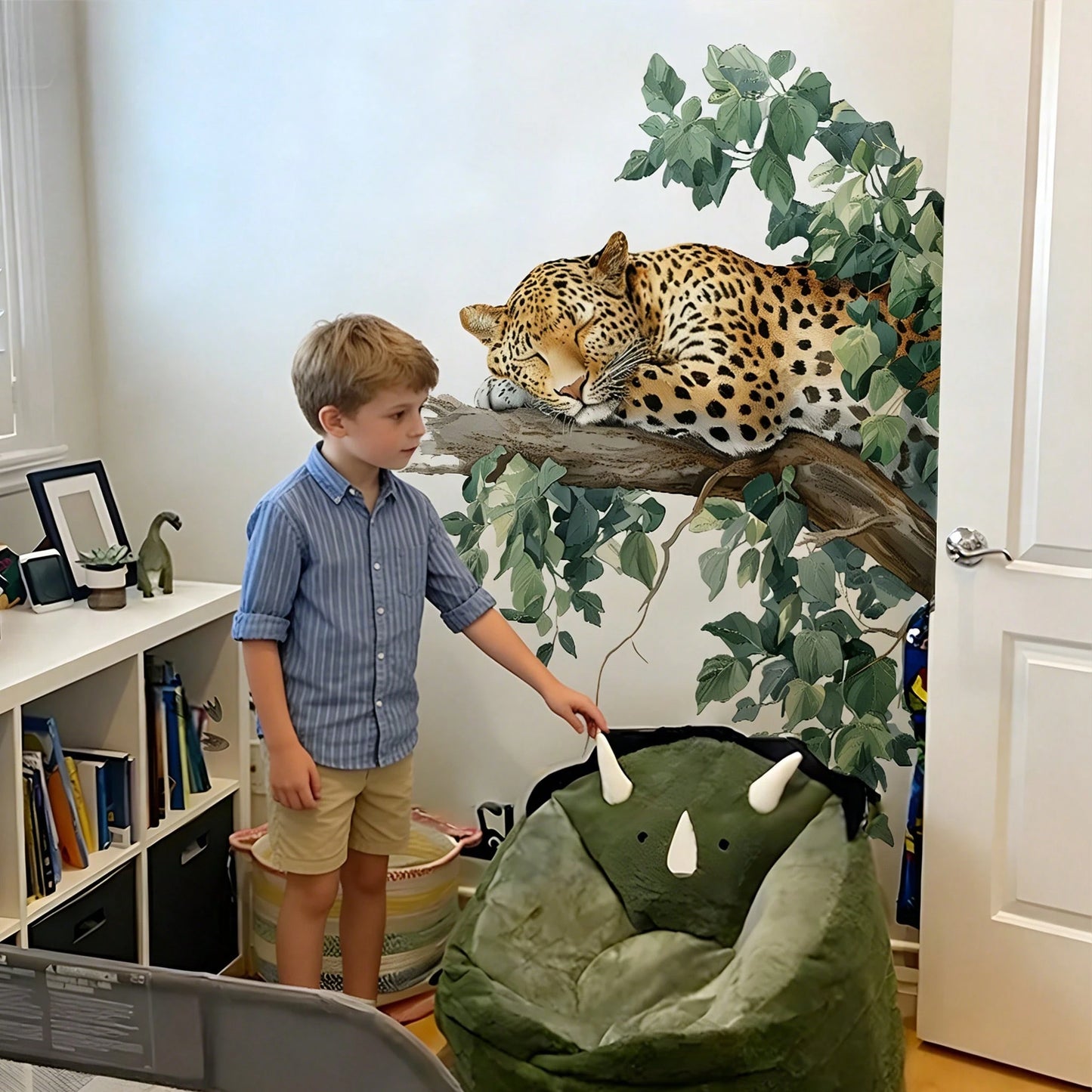 BRUP 1/2 Sheets Sleeping Leopard On Branch Wall Sticker, Jungle Leopard With Black Spots And Green Leaves, Nursery Decal For Baby's Room Above Play Table Or Crib, Removable Peel And Stick, Safari Adve