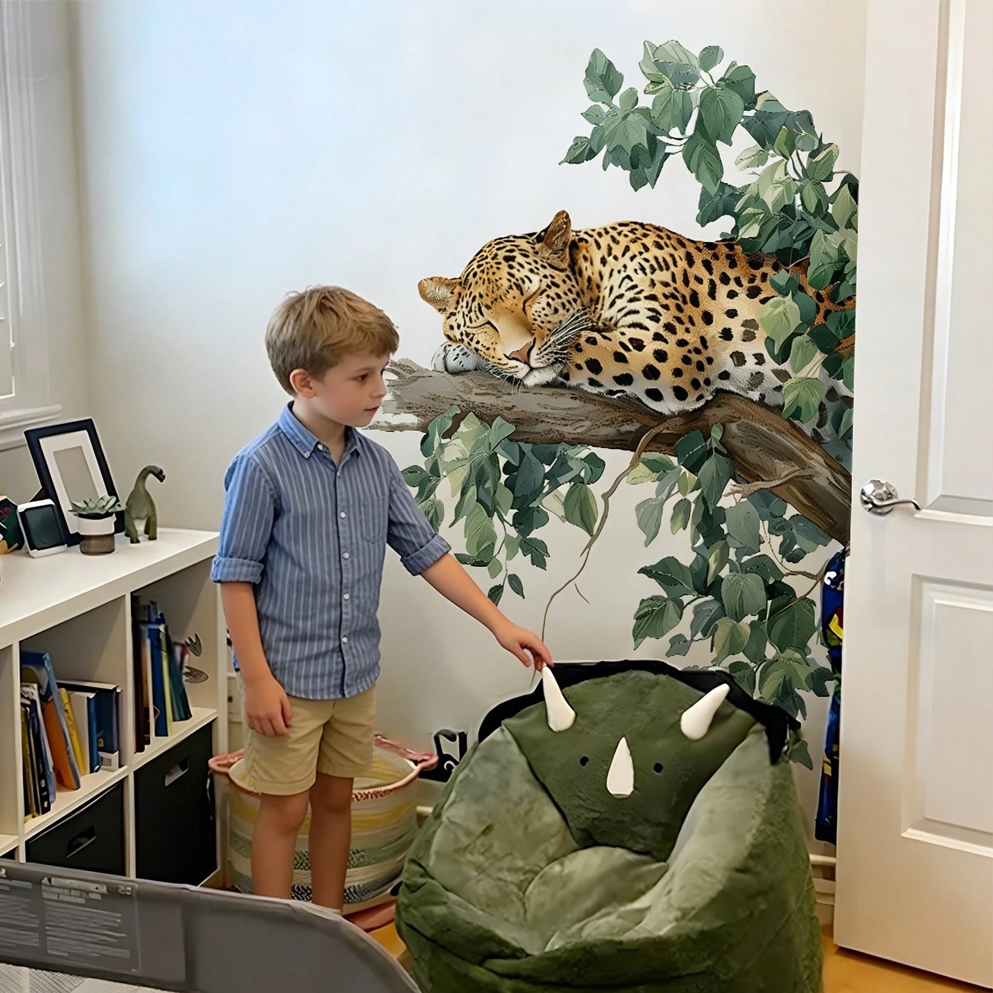BRUP 1/2 Sheets Sleeping Leopard On Branch Wall Sticker, Jungle Leopard With Black Spots And Green Leaves, Nursery Decal For Baby's Room Above Play Table Or Crib, Removable Peel And Stick, Safari Adve