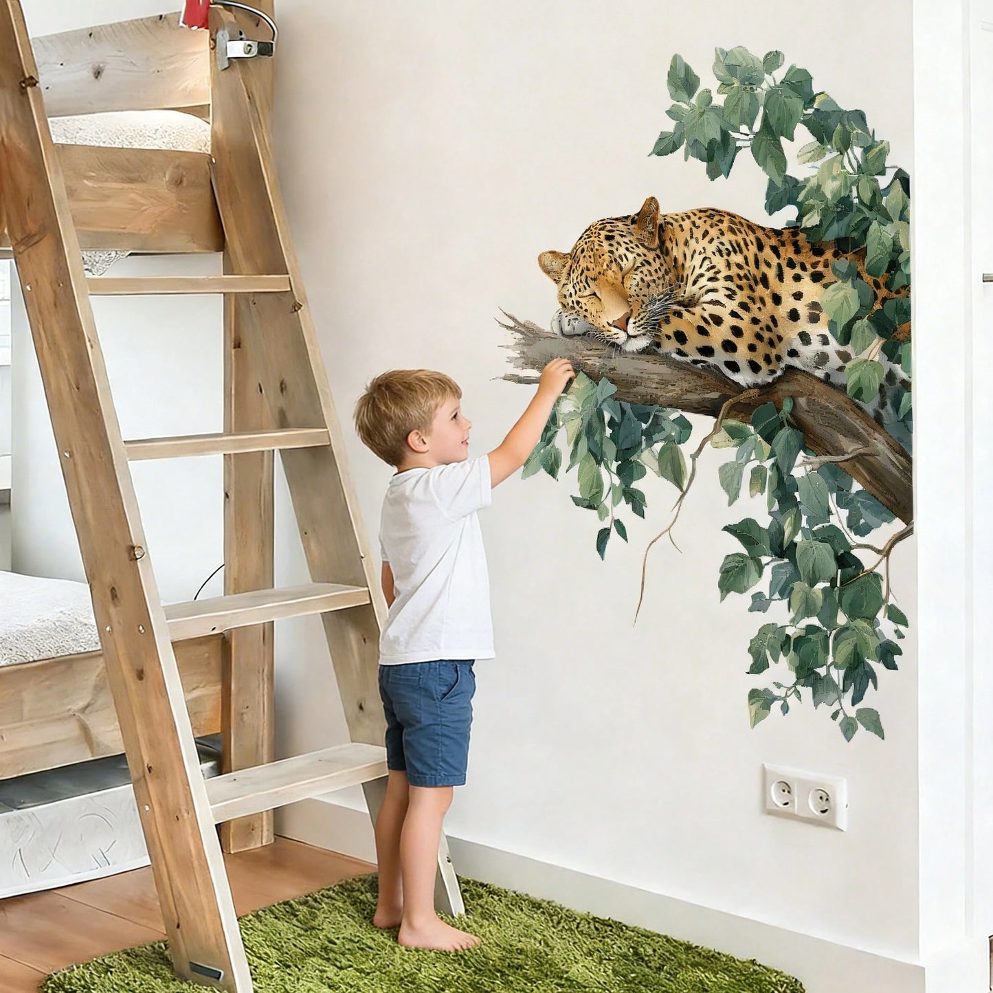 BRUP 1/2 Sheets Sleeping Leopard On Branch Wall Sticker, Jungle Leopard With Black Spots And Green Leaves, Nursery Decal For Baby's Room Above Play Table Or Crib, Removable Peel And Stick, Safari Adve