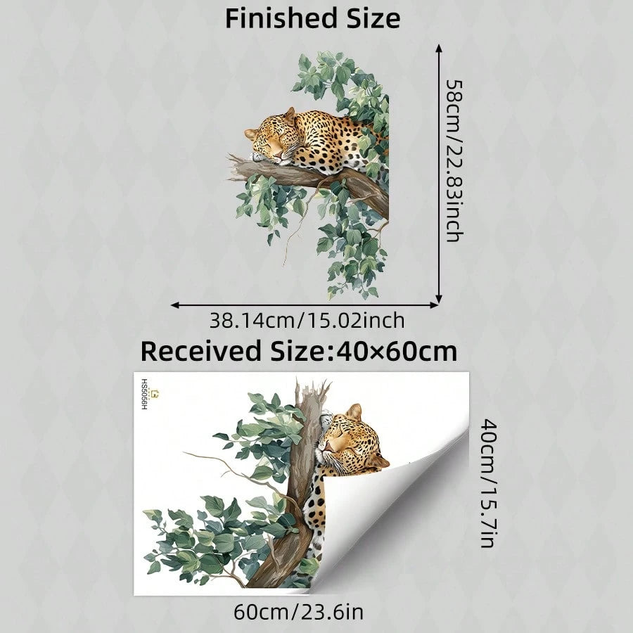 BRUP 1/2 Sheets Sleeping Leopard On Branch Wall Sticker, Jungle Leopard With Black Spots And Green Leaves, Nursery Decal For Baby's Room Above Play Table Or Crib, Removable Peel And Stick, Safari Adve