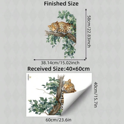 BRUP 1/2 Sheets Sleeping Leopard On Branch Wall Sticker, Jungle Leopard With Black Spots And Green Leaves, Nursery Decal For Baby's Room Above Play Table Or Crib, Removable Peel And Stick, Safari Adve