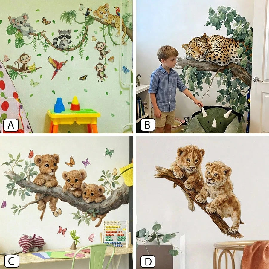 BRUP 1/2 Sheets Sleeping Leopard On Branch Wall Sticker, Jungle Leopard With Black Spots And Green Leaves, Nursery Decal For Baby's Room Above Play Table Or Crib, Removable Peel And Stick, Safari Adve