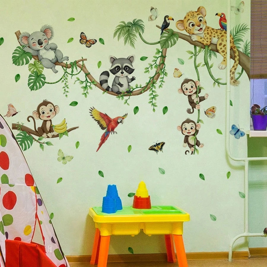 BRUP 1/2 Sheets Sleeping Leopard On Branch Wall Sticker, Jungle Leopard With Black Spots And Green Leaves, Nursery Decal For Baby's Room Above Play Table Or Crib, Removable Peel And Stick, Safari Adve