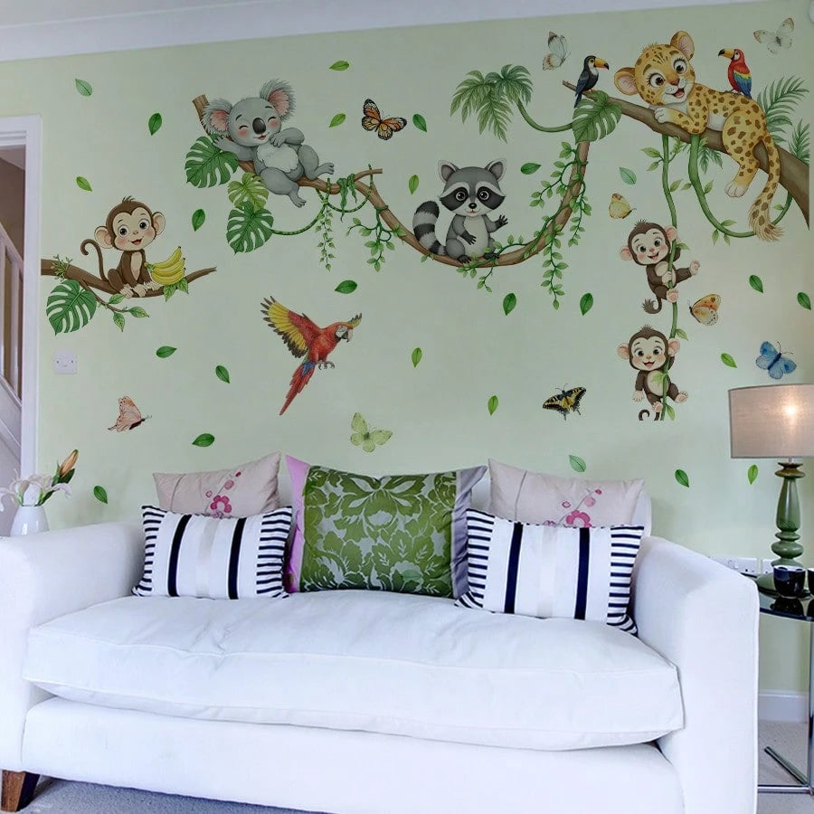BRUP 1/2 Sheets Sleeping Leopard On Branch Wall Sticker, Jungle Leopard With Black Spots And Green Leaves, Nursery Decal For Baby's Room Above Play Table Or Crib, Removable Peel And Stick, Safari Adve