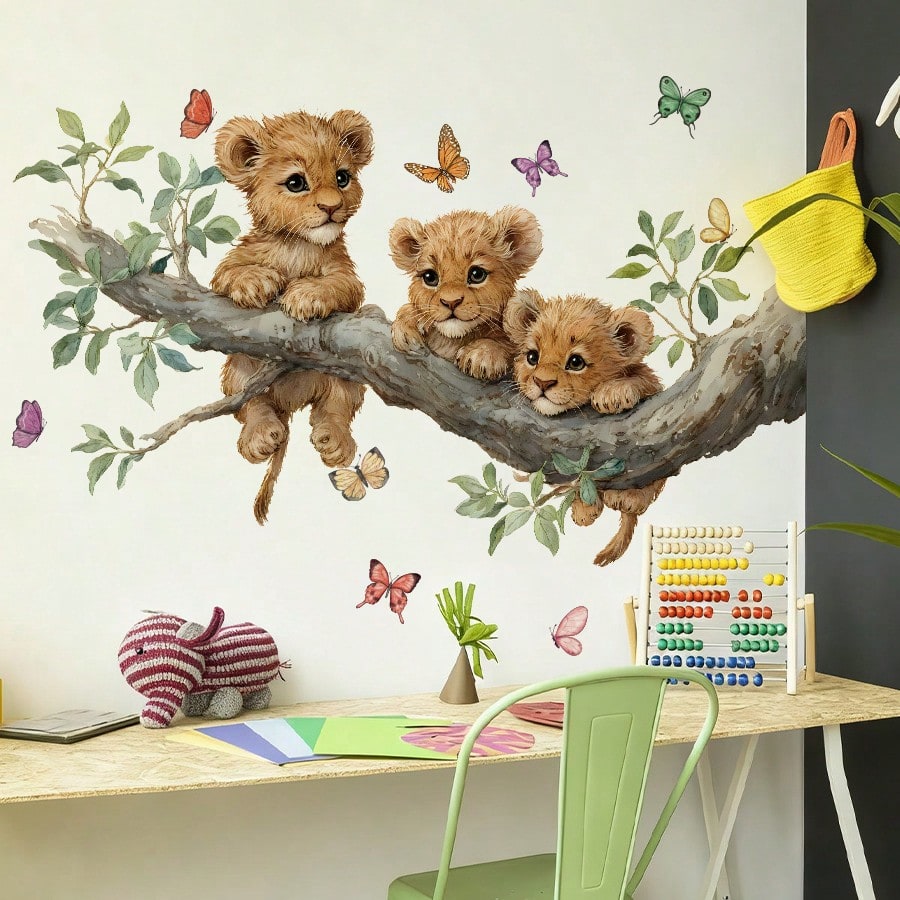 BRUP 1/2 Sheets Sleeping Leopard On Branch Wall Sticker, Jungle Leopard With Black Spots And Green Leaves, Nursery Decal For Baby's Room Above Play Table Or Crib, Removable Peel And Stick, Safari Adve