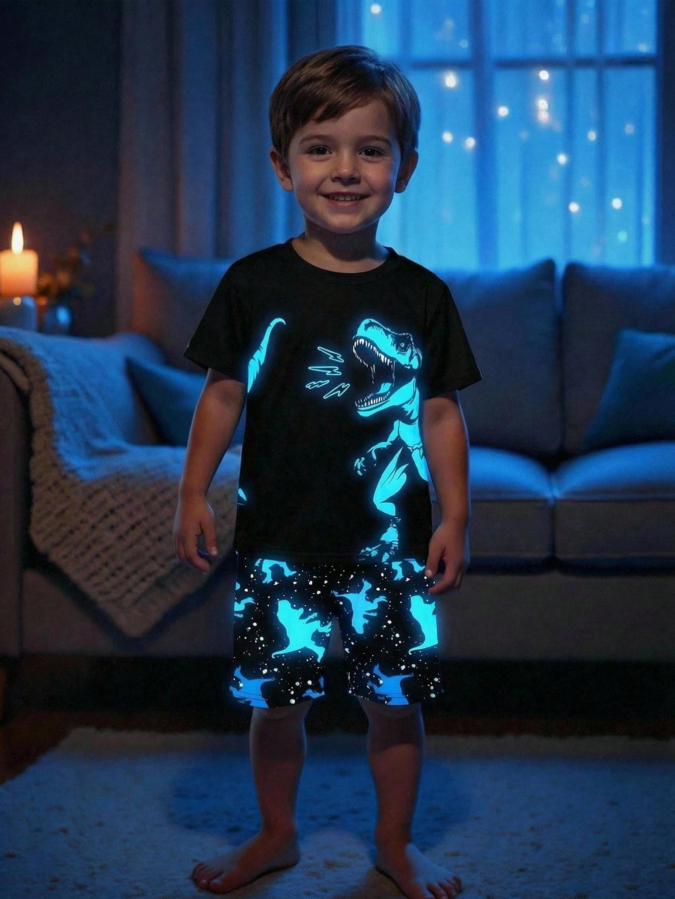Bubblio Young Boys Glow-In-The-Dark Dinosaur Print Pajama Set,2pcs Summer Knitted Short Sleeve Shorts Snug Fit Soft & Breathable Night Clothes,Easter Gift