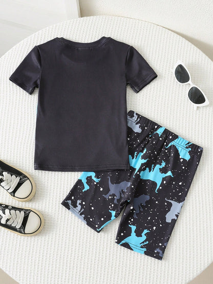 Bubblio Young Boys Glow-In-The-Dark Dinosaur Print Pajama Set,2pcs Summer Knitted Short Sleeve Shorts Snug Fit Soft & Breathable Night Clothes,Easter Gift