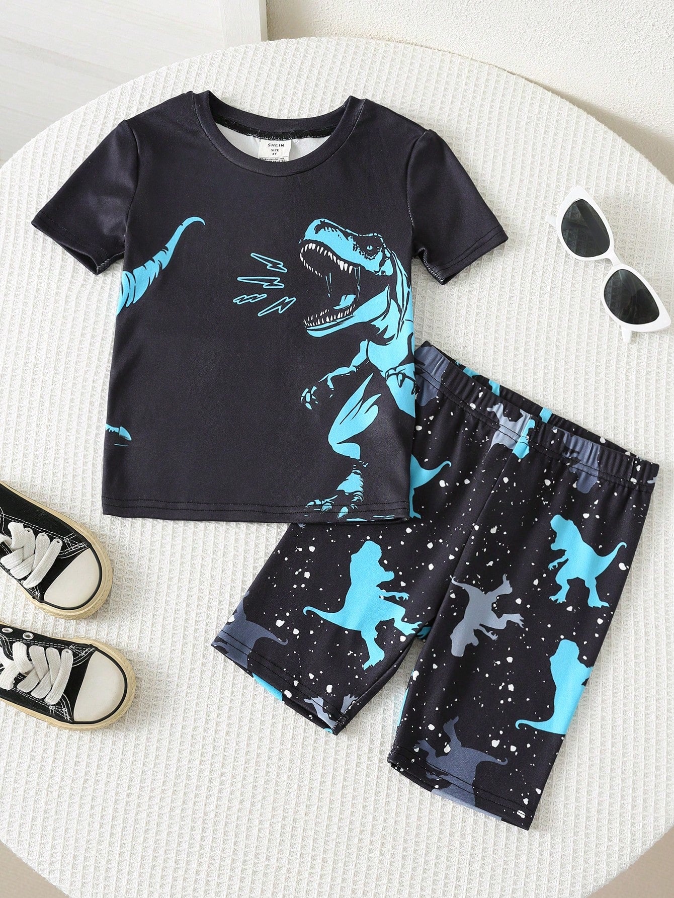 Bubblio Young Boys Glow-In-The-Dark Dinosaur Print Pajama Set,2pcs Summer Knitted Short Sleeve Shorts Snug Fit Soft & Breathable Night Clothes,Easter Gift