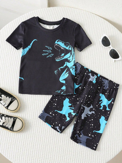 Bubblio Young Boys Glow-In-The-Dark Dinosaur Print Pajama Set,2pcs Summer Knitted Short Sleeve Shorts Snug Fit Soft & Breathable Night Clothes,Easter Gift