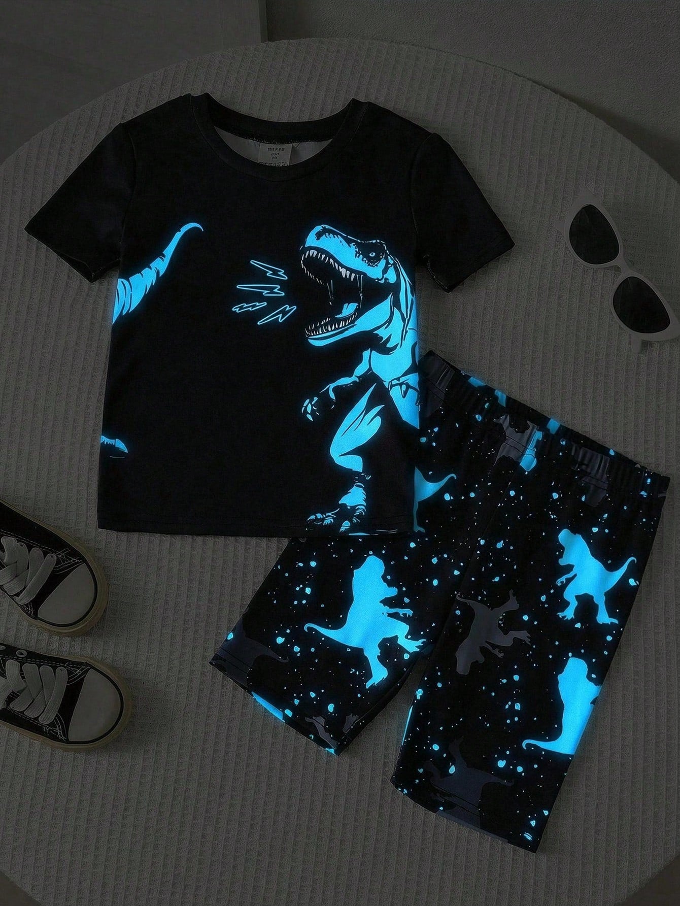 Bubblio Young Boys Glow-In-The-Dark Dinosaur Print Pajama Set,2pcs Summer Knitted Short Sleeve Shorts Snug Fit Soft & Breathable Night Clothes,Easter Gift