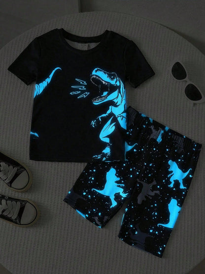 Bubblio Young Boys Glow-In-The-Dark Dinosaur Print Pajama Set,2pcs Summer Knitted Short Sleeve Shorts Snug Fit Soft & Breathable Night Clothes,Easter Gift