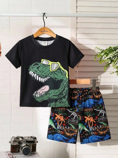 Bubblio Young Boys Glow-In-The-Dark Dinosaur Print Pajama Set,2pcs Summer Knitted Short Sleeve Shorts Snug Fit Soft & Breathable Night Clothes,Easter Gift