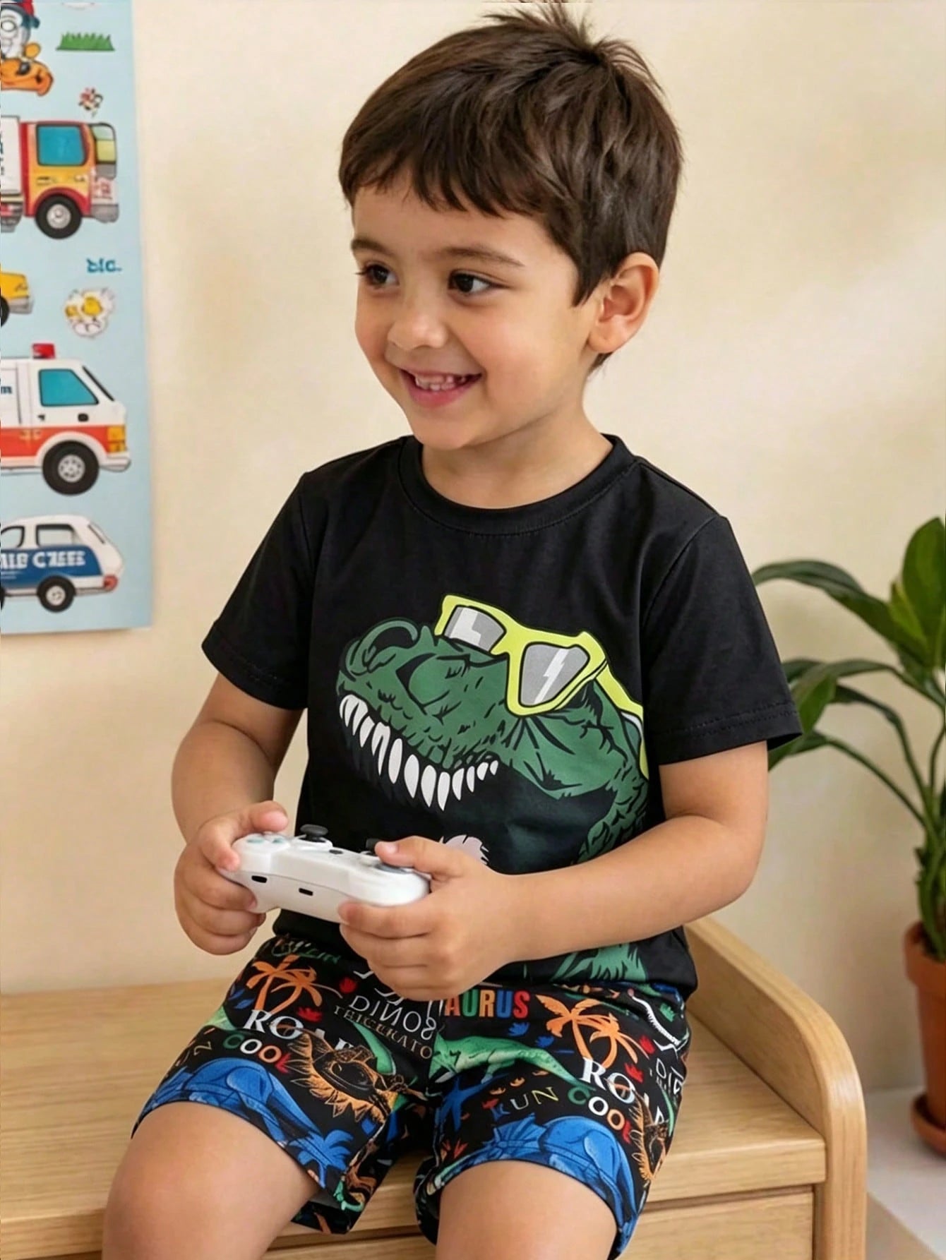 Bubblio Young Boys Glow-In-The-Dark Dinosaur Print Pajama Set,2pcs Summer Knitted Short Sleeve Shorts Snug Fit Soft & Breathable Night Clothes,Easter Gift