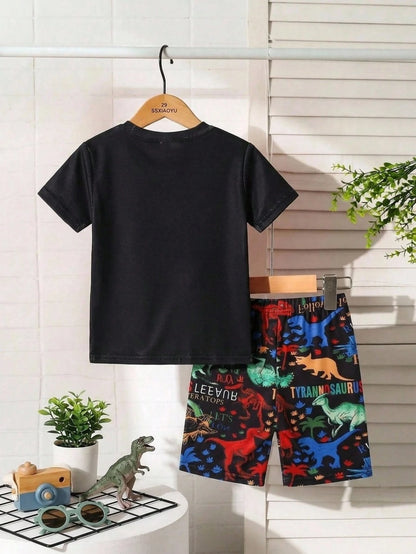 Bubblio Young Boys Glow-In-The-Dark Dinosaur Print Pajama Set,2pcs Summer Knitted Short Sleeve Shorts Snug Fit Soft & Breathable Night Clothes,Easter Gift