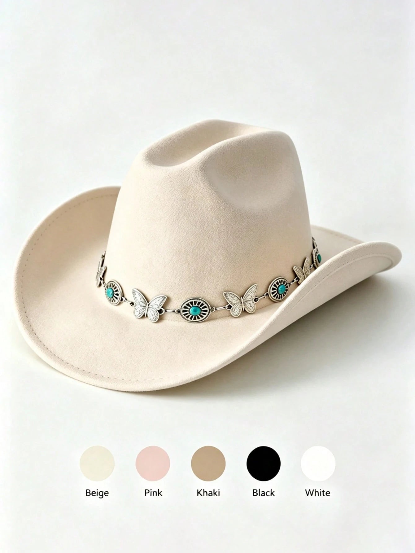 Butterfly Turquoise Chain Decor Western Cowboy Hat, Wide Brim Cowgirl Hat, Boho Festival Vacation Party Costume Accessory For Men Women