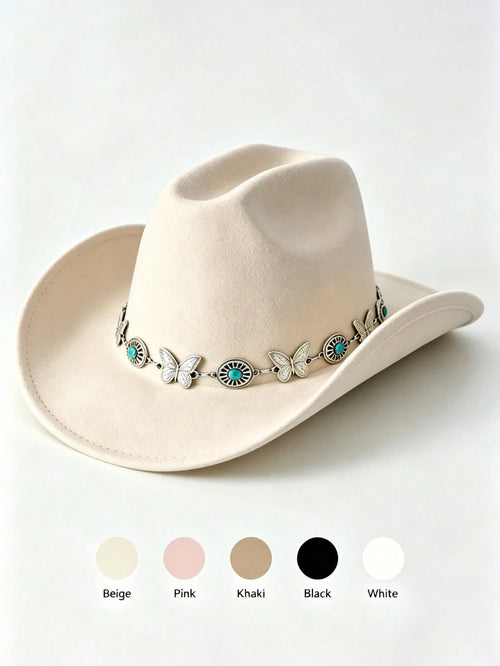Butterfly Turquoise Chain Decor Western Cowboy Hat, Wide Brim Cowgirl Hat, Boho Festival Vacation Party Costume Accessory For Men Women