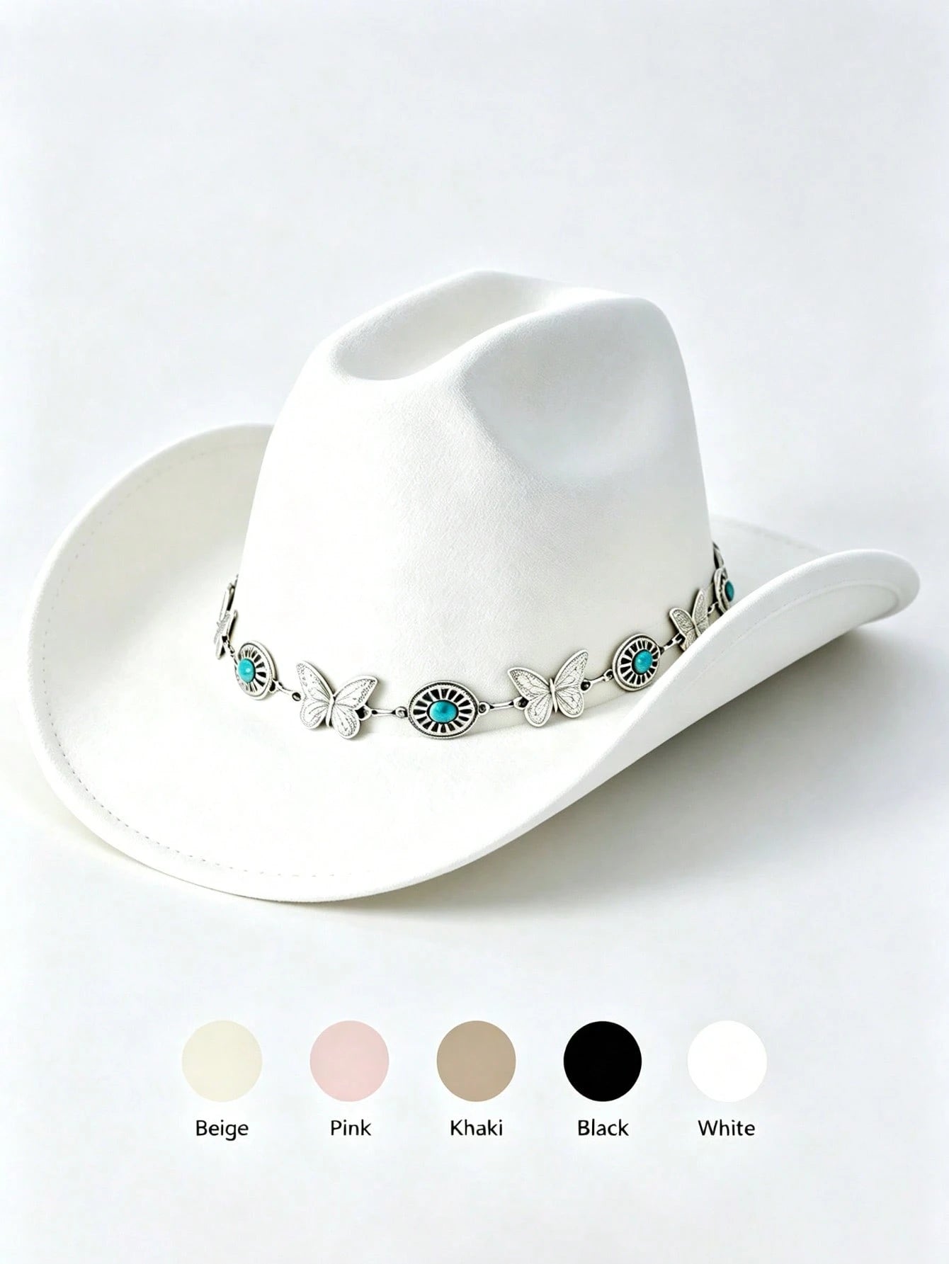 Butterfly Turquoise Chain Decor Western Cowboy Hat, Wide Brim Cowgirl Hat, Boho Festival Vacation Party Costume Accessory For Men Women