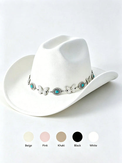 Butterfly Turquoise Chain Decor Western Cowboy Hat, Wide Brim Cowgirl Hat, Boho Festival Vacation Party Costume Accessory For Men Women