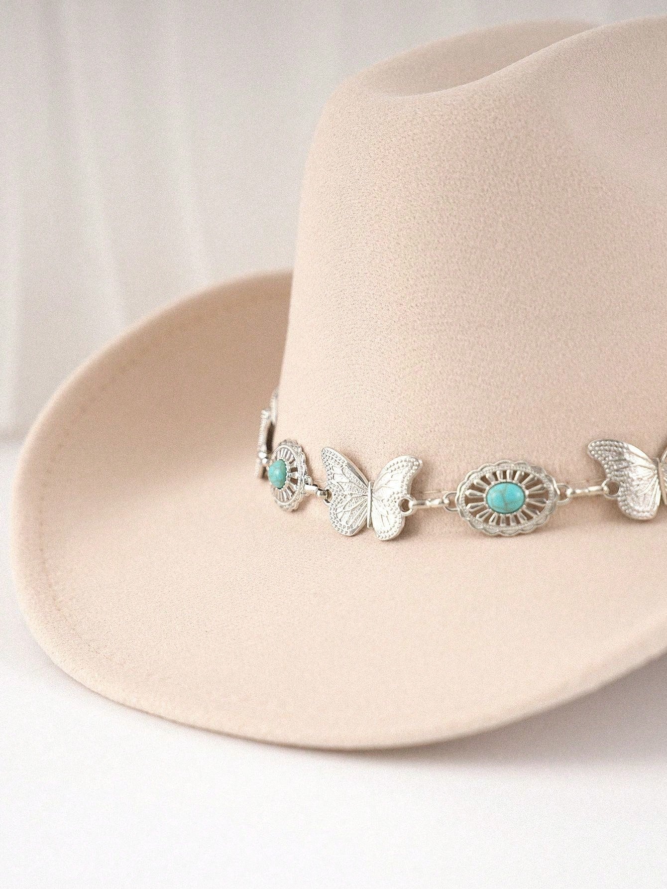 Butterfly Turquoise Chain Decor Western Cowboy Hat, Wide Brim Cowgirl Hat, Boho Festival Vacation Party Costume Accessory For Men Women