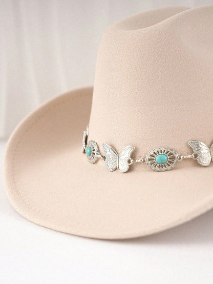Butterfly Turquoise Chain Decor Western Cowboy Hat, Wide Brim Cowgirl Hat, Boho Festival Vacation Party Costume Accessory For Men Women
