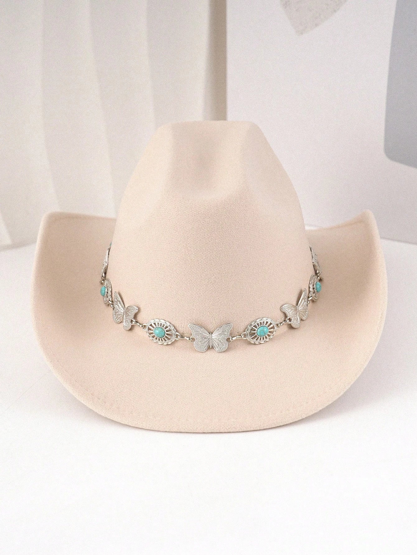 Butterfly Turquoise Chain Decor Western Cowboy Hat, Wide Brim Cowgirl Hat, Boho Festival Vacation Party Costume Accessory For Men Women