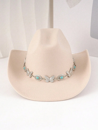 Butterfly Turquoise Chain Decor Western Cowboy Hat, Wide Brim Cowgirl Hat, Boho Festival Vacation Party Costume Accessory For Men Women