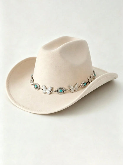 Butterfly Turquoise Chain Decor Western Cowboy Hat, Wide Brim Cowgirl Hat, Boho Festival Vacation Party Costume Accessory For Men Women