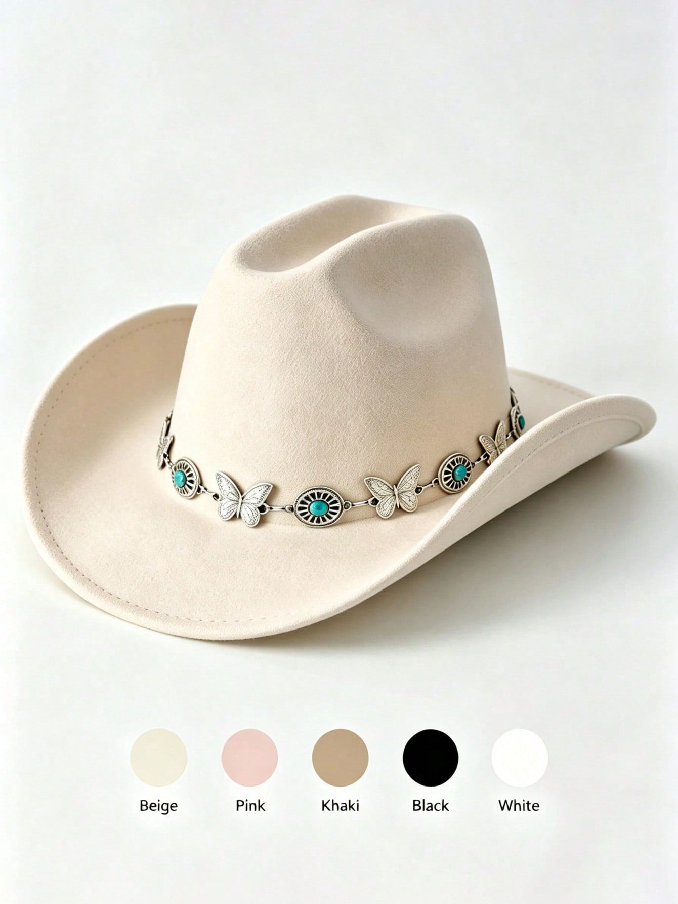 Butterfly Turquoise Chain Decor Western Cowboy Hat, Wide Brim Cowgirl Hat, Boho Festival Vacation Party Costume Accessory For Men Women