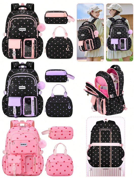 BXboat 3pcs/Set Strawberry Backpack Set For Teenage Girls, Including Backpack, Lunch Bag And Pencil Case, Lightweight & Cute Design, 15.6" Laptop Backpack With Trolley Handle, Suitable For School, Out
