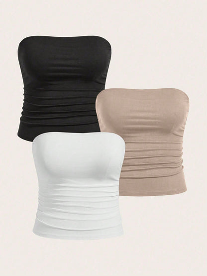 Calvaya Plus Size Women Solid Color Pleated Ruched Casual Top