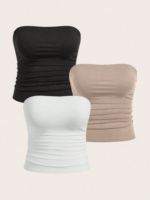 Calvaya Plus Size Women Solid Color Pleated Ruched Casual Top