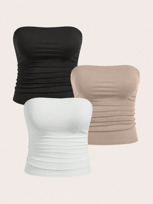 Calvaya Plus Size Women Solid Color Pleated Ruched Casual Top